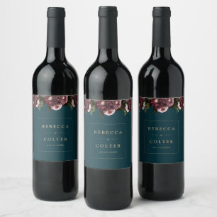 Étiquette Pour Bouteilles De Vin Élégant Turquoise foncé Bourgogne Floral Mariage