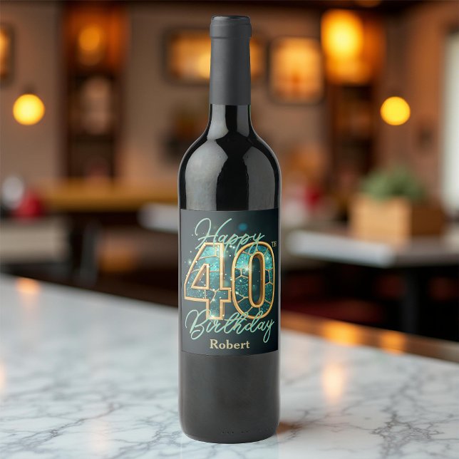 Étiquette Pour Bouteilles De Vin Elégant Turquoise & Gold Metallic Mosaic 40e anniv (Créateur téléchargé)
