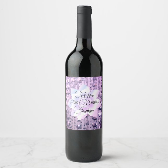 Étiquette Pour Bouteilles De Vin Élégant violet et rose perlé Anniversaire Vin Labo (Devant)