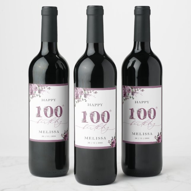 Étiquette Pour Bouteilles De Vin Élégant violet fleuri 100e anniversaire (Bouteilles)