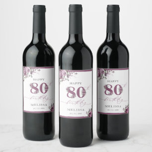 Étiquette Pour Bouteilles De Vin Elégant violet floral 80e anniversaire