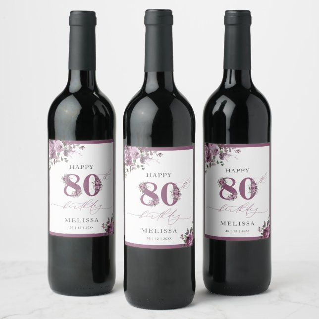 Étiquette Pour Bouteilles De Vin Elégant violet floral 80e anniversaire (Bouteilles)
