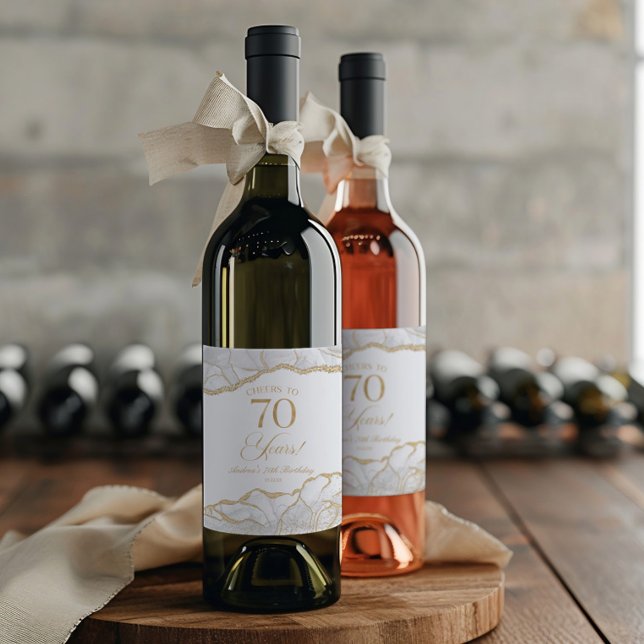 Étiquette Pour Bouteilles De Vin Elegant White Gold Agate 70th Birthday Party (Créateur téléchargé)