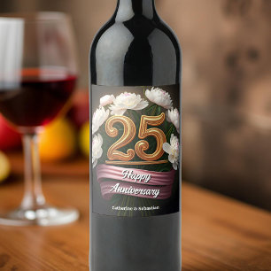 Étiquette Pour Bouteilles De Vin Élégant White Peonies 25e anniversaire de Mariage