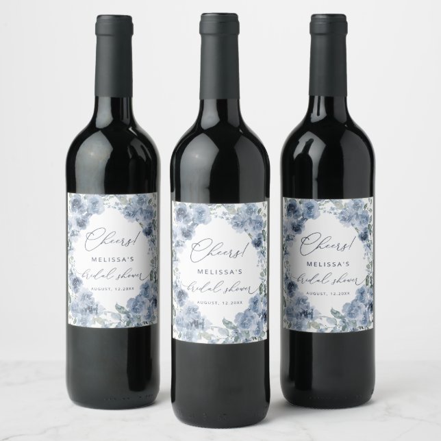 Étiquette Pour Bouteilles De Vin Elégante aquarelle bleue Fête des mariées florale (Bouteilles)