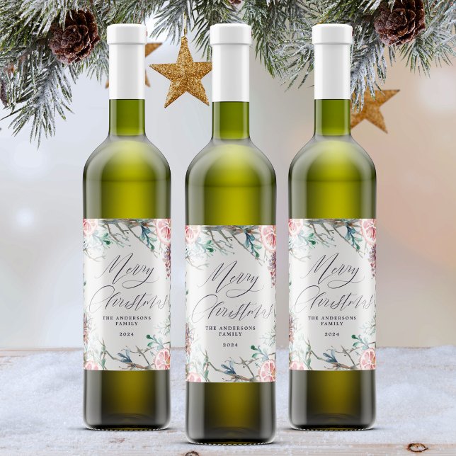 Étiquette Pour Bouteilles De Vin Elégante aquarelle Botanique Joyeux Noël (Mockup View)