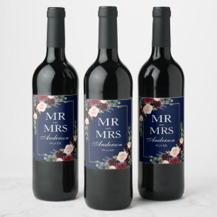 Étiquette Pour Bouteilles De Vin Elégante aquarelle Burgundy Blue Floral Mariage