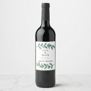 Étiquette Pour Bouteilles De Vin Elégante Aquarelle classique Vert Feuille Mariage