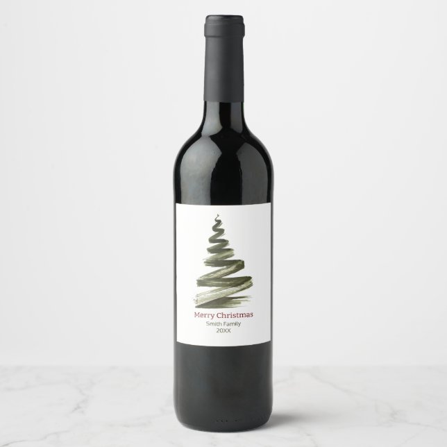Étiquette Pour Bouteilles De Vin Elégante aquarelle d'arbre vert de Noël (Devant)