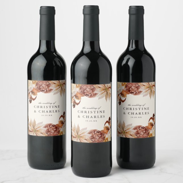 Étiquette Pour Bouteilles De Vin Elégante aquarelle d'automne Floral | MARIAGE (Bouteilles)
