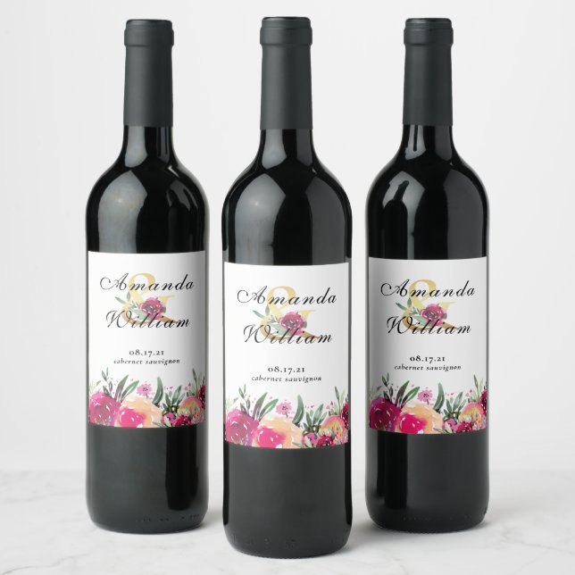 Étiquette Pour Bouteilles De Vin Elégante aquarelle Mariage rose floral (Bouteilles)