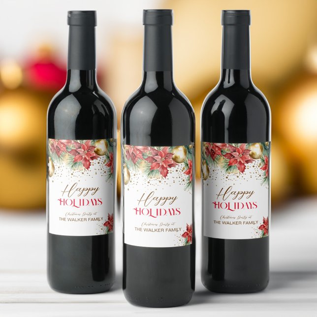 Étiquette Pour Bouteilles De Vin Elégante aquarelle or rouge poinsettia Noël (Elegant watercolor gold red poinsettia Christmas party personalized Wine Label pines gold baubles)