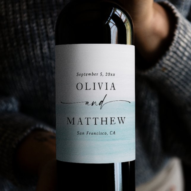 Étiquette Pour Bouteilles De Vin Elégante aquarelle pastel bleu nautique mariage (Créateur téléchargé)