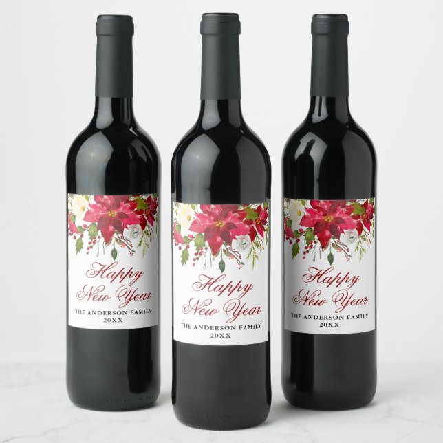 Étiquette Pour Bouteilles De Vin Elégante aquarelle Poinsettia Bonne année (Bouteilles)