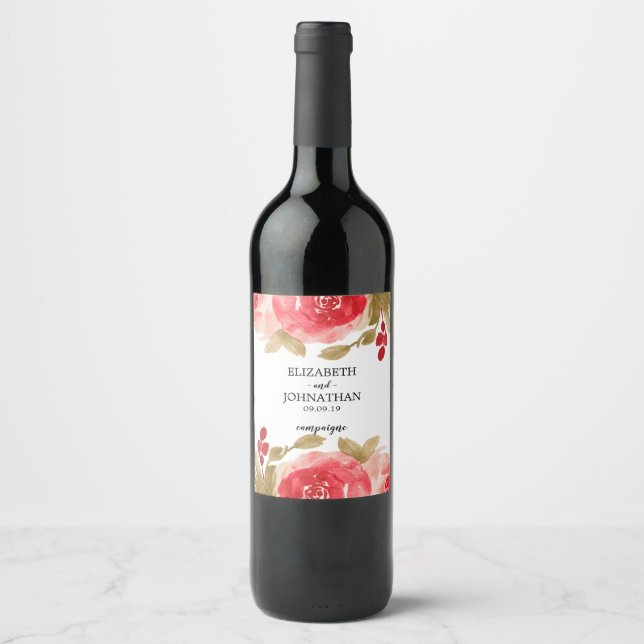 Étiquette Pour Bouteilles De Vin Elégante aquarelle rouge Rose Mariage (Devant)