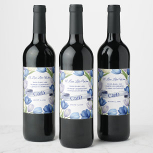 Étiquette Pour Bouteilles De Vin Elégante aquarelle Tulipe Mariage de couronne bleu