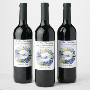 Étiquette Pour Bouteilles De Vin Elégante aquarelle Tulipe Mariage de couronne bleu