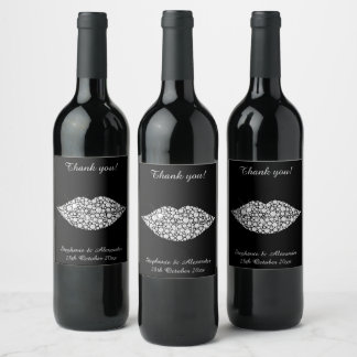 ÉTIQUETTE POUR BOUTEILLES DE VIN ÉLÉGANTE ARGENT NOIR KISSING DIAMOND ÉTIQUETTE DE