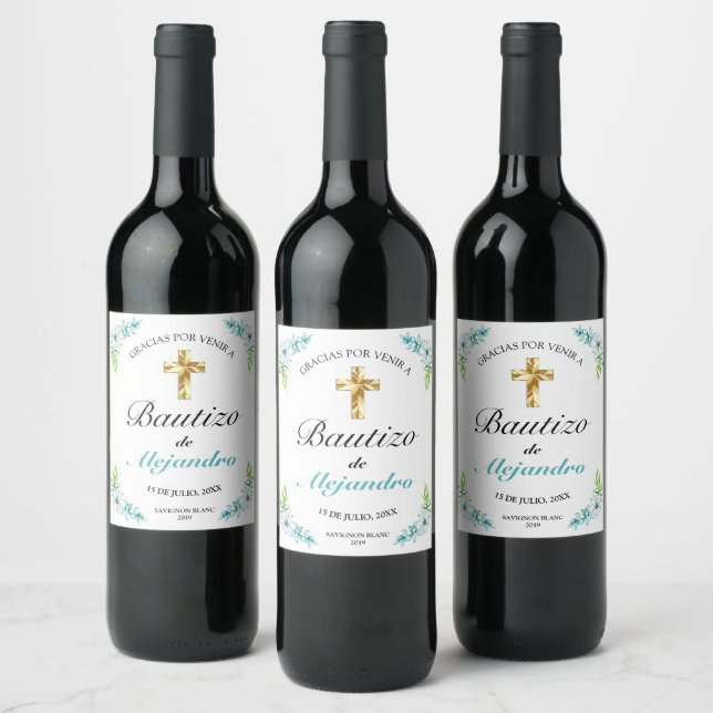 Étiquette Pour Bouteilles De Vin Elegante Azul Floral Oro Cruz Bautismo Gracias (Bouteilles)