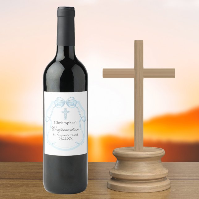 Étiquette Pour Bouteilles De Vin Élégante Bleu Ruban Bow Confirmation Party (Créateur téléchargé)