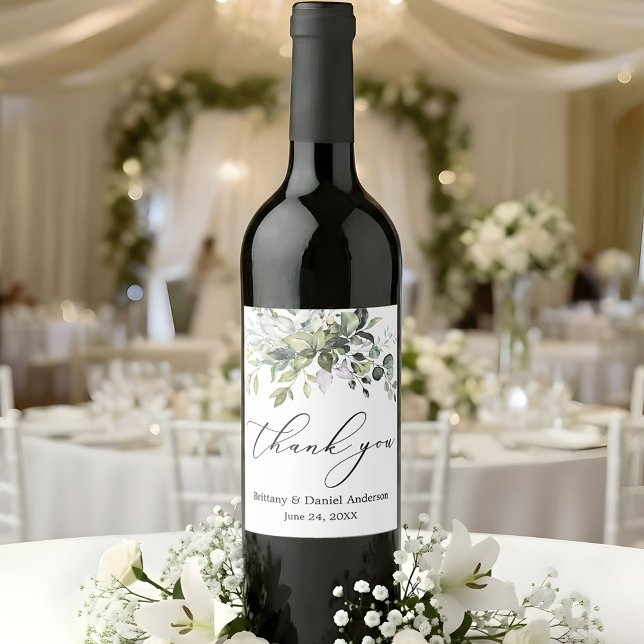 Étiquette Pour Bouteilles De Vin Élégante calligraphie Aquarelle Verdure Mariage (Customize to change your personalized text size or text style.)