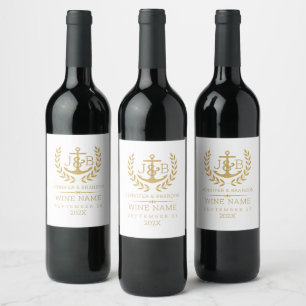 Étiquette Pour Bouteilles De Vin Élégante couronne de laurier d'or et Ancre