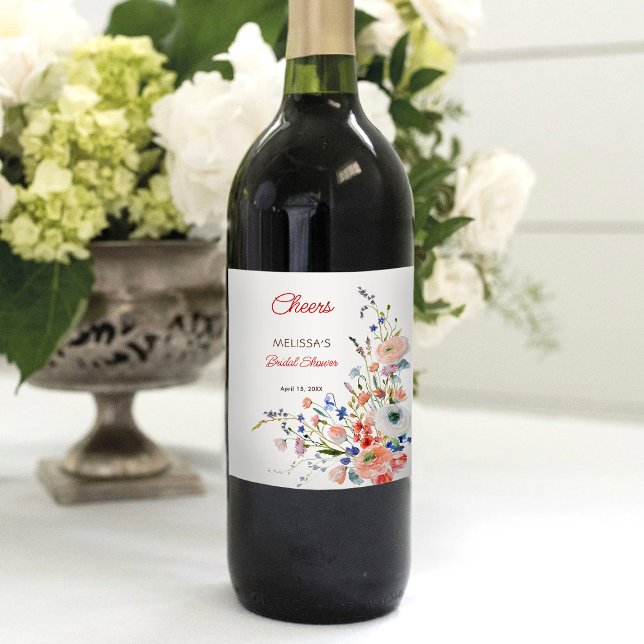 Étiquette Pour Bouteilles De Vin Élégante Douche de Mariée Florale (Créateur téléchargé)