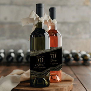 Étiquette Pour Bouteilles De Vin Élégante Fête d'anniversaire 70 ans Agate Noir Or