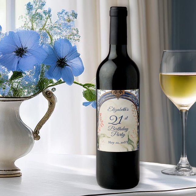 Étiquette Pour Bouteilles De Vin Élégante Fête de 21e Anniversaire baroque (Elegant Baroque Floral Frame 21st Birthday Party Wine Label)