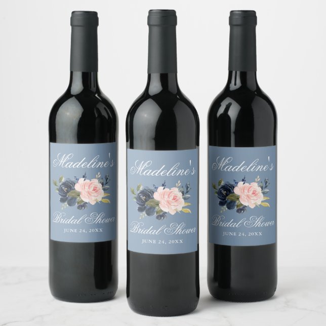 Étiquette Pour Bouteilles De Vin Elégante Fête des mariées florale bleu rose Dusty (Bouteilles)