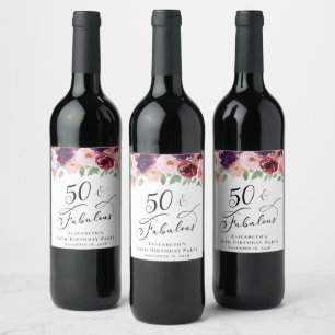 Étiquette Pour Bouteilles De Vin Élégante fête du 50e anniversaire de la florale