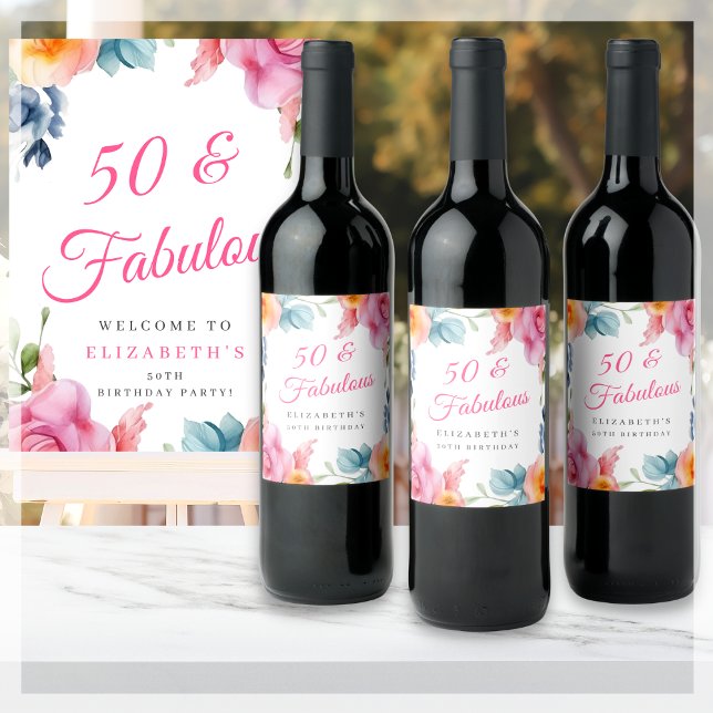 Étiquette Pour Bouteilles De Vin Élégante fête du 50e anniversaire de la florale (Créateur téléchargé)