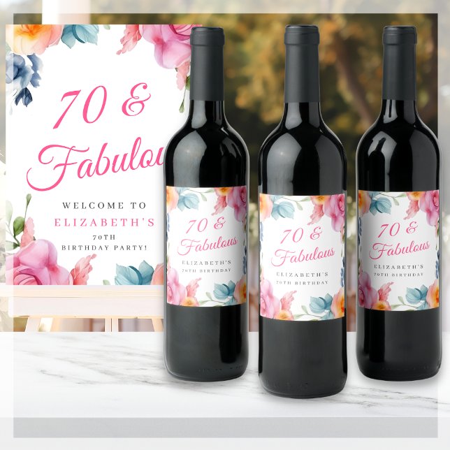 Étiquette Pour Bouteilles De Vin Elégante fête florale 70e anniversaire (Créateur téléchargé)