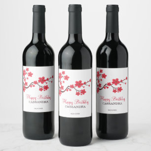 Étiquette Pour Bouteilles De Vin Elégante Fleur de cerise rouge Sakura Fleur Annive