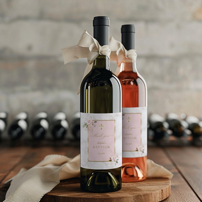 Étiquette Pour Bouteilles De Vin Élégante Fleurs Roses Baptême Or (Créateur téléchargé)