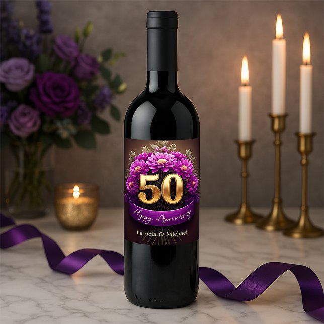 Étiquette Pour Bouteilles De Vin Élégante Fleurs violettes 50e anniversaire de Mari (Créateur téléchargé)