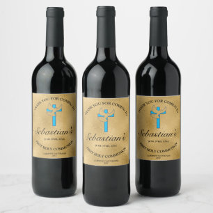 Étiquette Pour Bouteilles De Vin Elégante Gold Blue Cross Dove 1st Communion