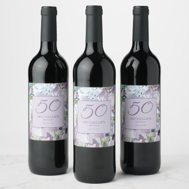 Étiquette Pour Bouteilles De Vin Elégante Lilac Purple Floral Verdure 50e Anniversa (Bouteilles)