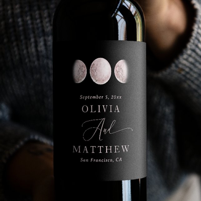 Étiquette Pour Bouteilles De Vin Élégante Lune rose | Mariage céleste noir (Créateur téléchargé)