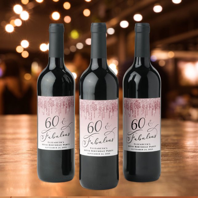 Étiquette Pour Bouteilles De Vin Elégante Parties scintillant rose 60e fête d'anniv (Créateur téléchargé)