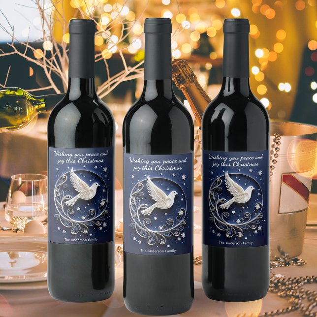 Étiquette Pour Bouteilles De Vin Elégante Peace Dove Faux Papercraft Noël chic (Personalized Christmas wine bottle labels with dove of peace design in dark blue and white)