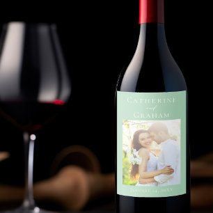Étiquette Pour Bouteilles De Vin Élégante Photo Personnalisée de Mariage Vert Menth