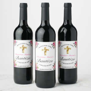 Étiquette Pour Bouteilles De Vin Elegante Tinta Floral Bautizo Cruz De Oro