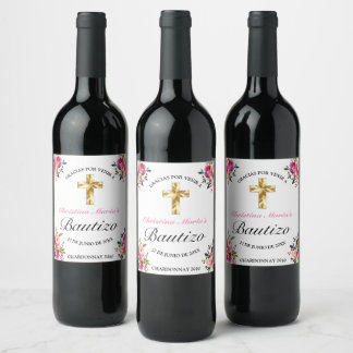 Étiquette Pour Bouteilles De Vin Elegante Tinta Floral Bautizo Cruz De Oro