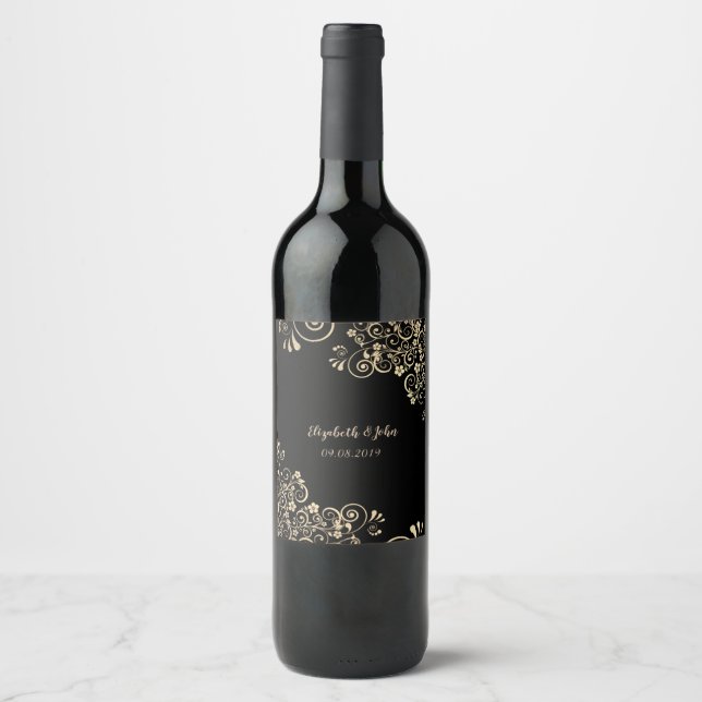 Étiquette Pour Bouteilles De Vin Élégantes fleurs dorées chic (Devant)