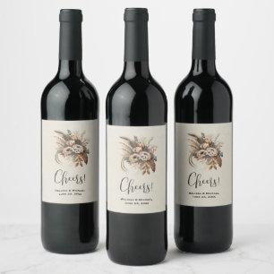Étiquette Pour Bouteilles De Vin Élégantes Fleurs Foliage et Plumes Mariage