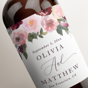 Étiquette Pour Bouteilles De Vin Élégantes fleurs roses roses. Mariage fleuri du ja