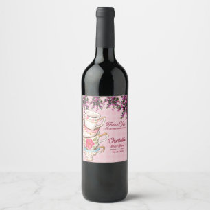 Étiquette Pour Bouteilles De Vin Élégantes tasses à thé florales roses empilées pou