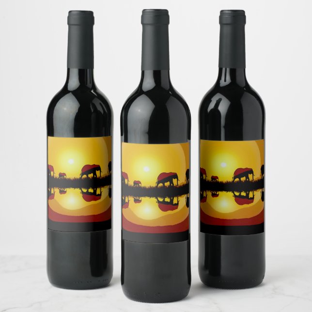 Étiquette Pour Bouteilles De Vin Eléphants africains couchés de soleil (Bouteilles)