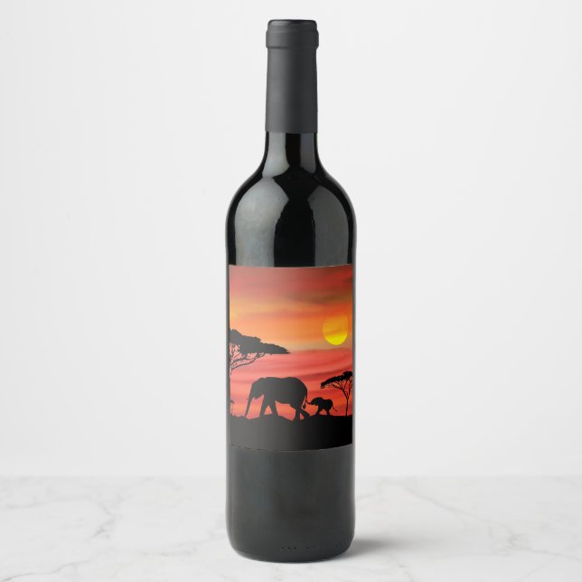Étiquette Pour Bouteilles De Vin Elephants dans le Serengeti (Devant)
